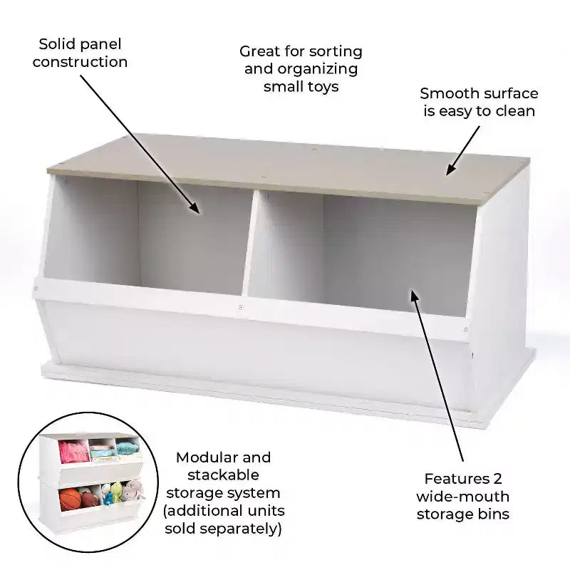 Badger Basket Two Bin Stackable Storage Cubby White/Gray Woodgrain