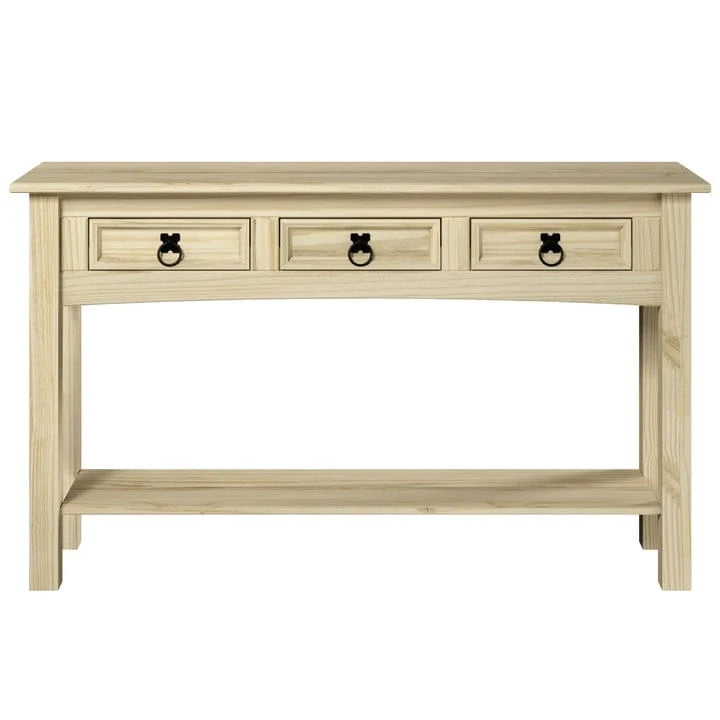 Rustic Solid Pine Console Hall Table, White Wash / Antique Brown / Gray Wash / Unpainted, 3 Drawers