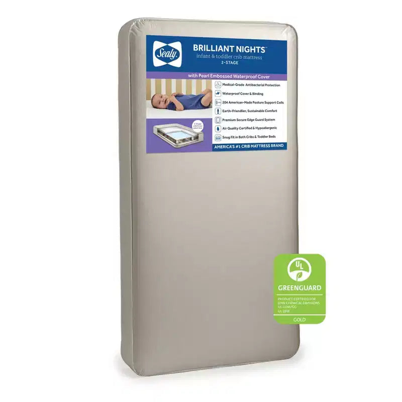 Sealy Brilliant Nights 2-Stage Dual Firmness Crib and Toddler Mattress: Hypoallergenic, Waterproof, Innerspring, Vinyl Cover