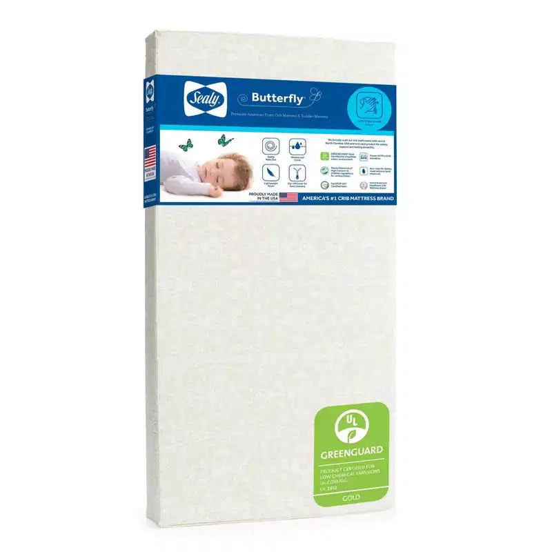 Sealy Butterfly Premium Firm Crib Mattress and Toddler Mattress: Waterproof Vinyl Cover, High-Density Foam, 4 Inch Thickness