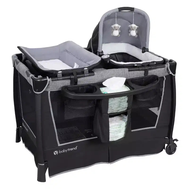 Baby Trend Retreat Twins Nursery Center - Quarry : Parc pour bébé de luxe avec nacelles, roues verrouillables et sac de transport