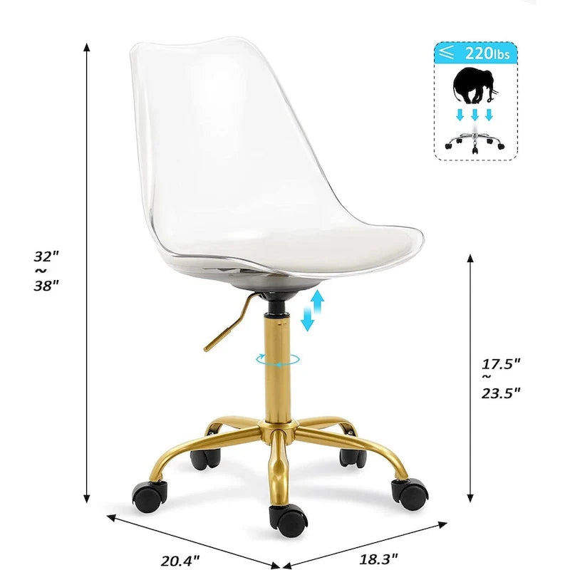 Chaise de bureau à roulettes sans accoudoirs, réglable en hauteur, en acrylique pivotant