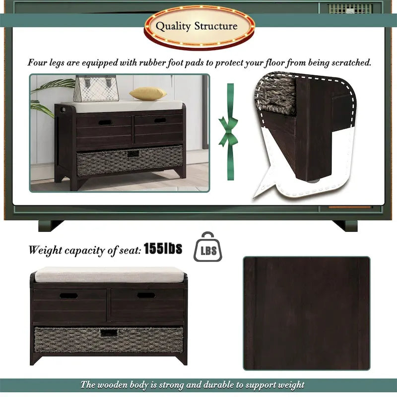 Wood Storage Bench with 2 Woven Baskets by Harper&Bright Designs