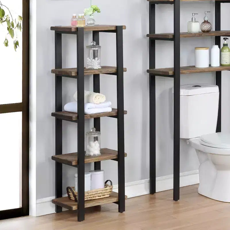 Étagère de salle de bain à 4 niveaux Pomona Marron - Meubles Alaterre : Structure en métal, bois laqué, étagères fixes