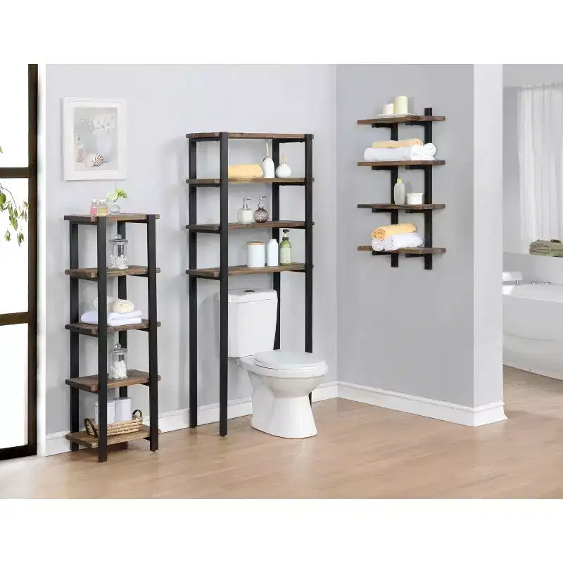 Étagère de salle de bain à 4 niveaux Pomona Marron - Meubles Alaterre : Structure en métal, bois laqué, étagères fixes