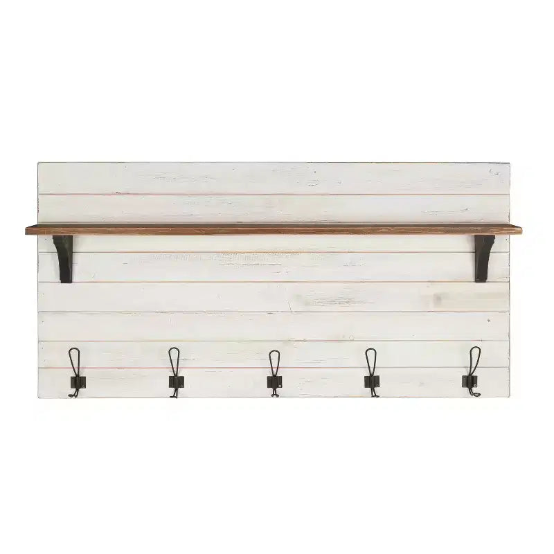 46.1" x 26" Wall Shelf with 5 Hooks White/Brown - Uniek: Kate & Laurel All Things Decor, No Assembly, Wood & Metal