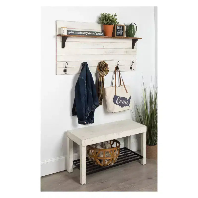 Étagère murale 117 x 66 cm avec 5 crochets Blanc/Marron – Uniek : Kate & Laurel All Things Decor, aucun assemblage requis, bois et métal