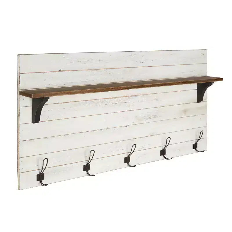 Étagère murale 117 x 66 cm avec 5 crochets Blanc/Marron – Uniek : Kate & Laurel All Things Decor, aucun assemblage requis, bois et métal