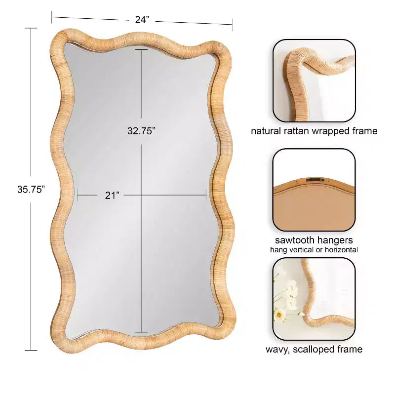 Kate & Laurel All Things Decor 24"X36" Rahfy Rattan Rectangle Scallop Mirror Natural