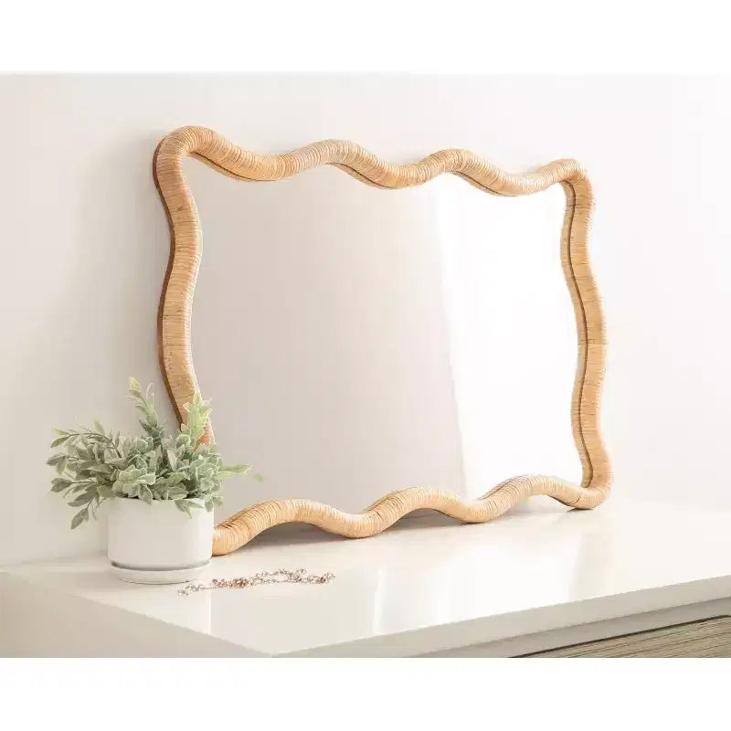 Kate & Laurel All Things Decor 24"X36" Rahfy Rattan Rectangle Scallop Mirror Natural