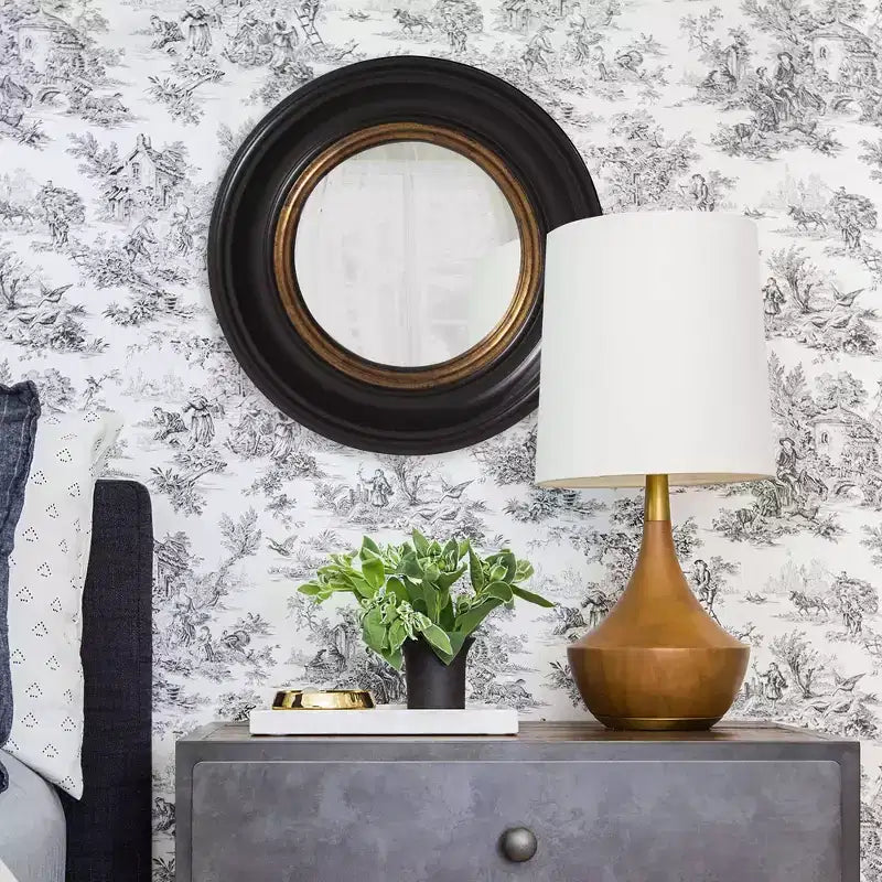 Round Albert Decorative Wall Mirror Black/Gold - Howard Elliott: Grooved Edge, Wood Frame, Wall Mount