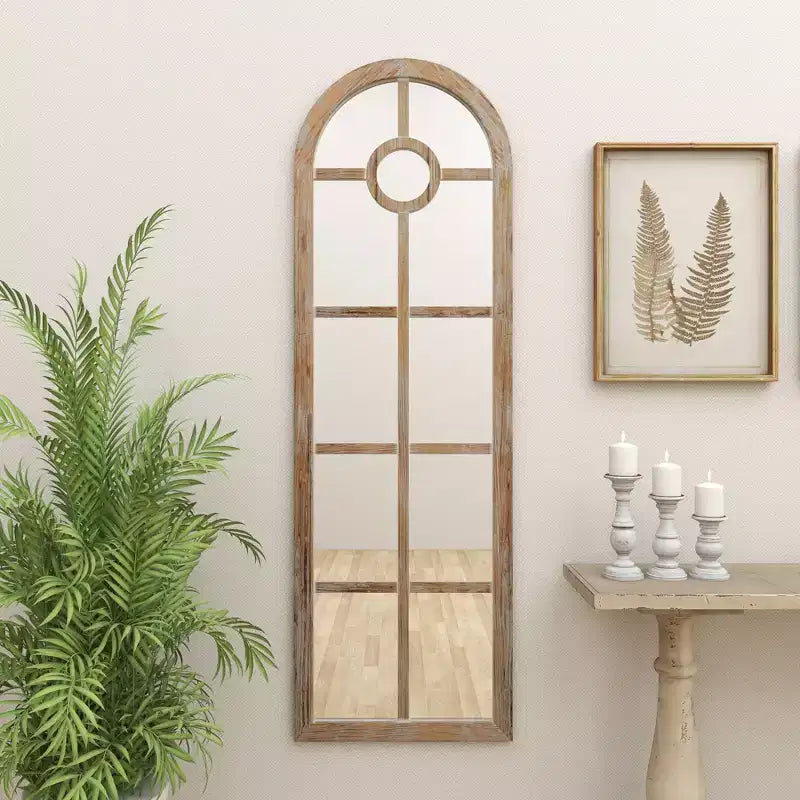 Olivia & May Glass Window Pane Inspired Wall Mirror with Arched Top Brown: Distressed Finish, Wood Frame, No Assembly Required