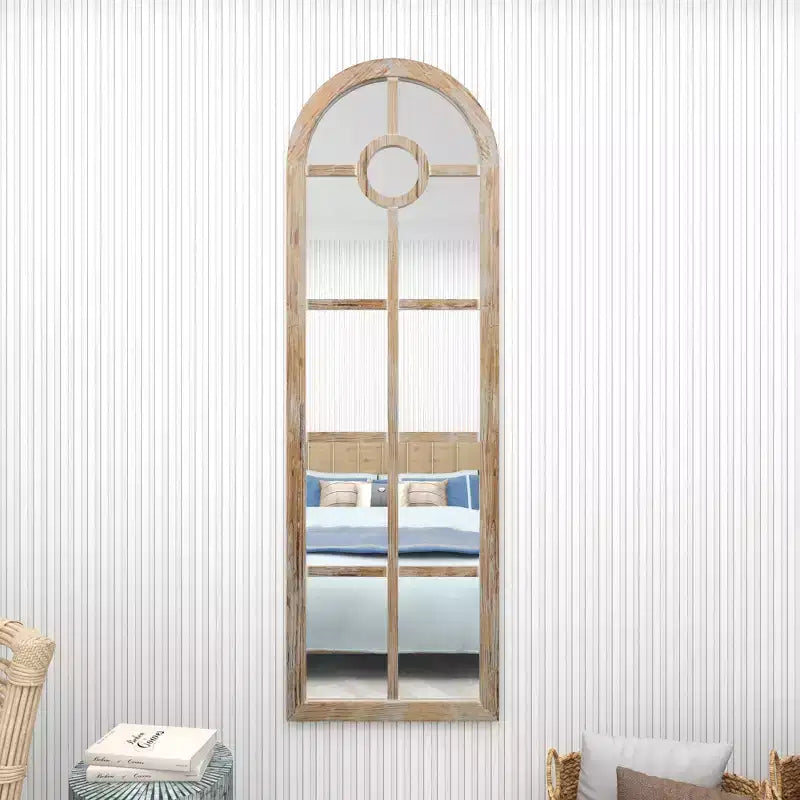 Olivia & May Glass Window Pane Inspired Wall Mirror with Arched Top Brown: Distressed Finish, Wood Frame, No Assembly Required