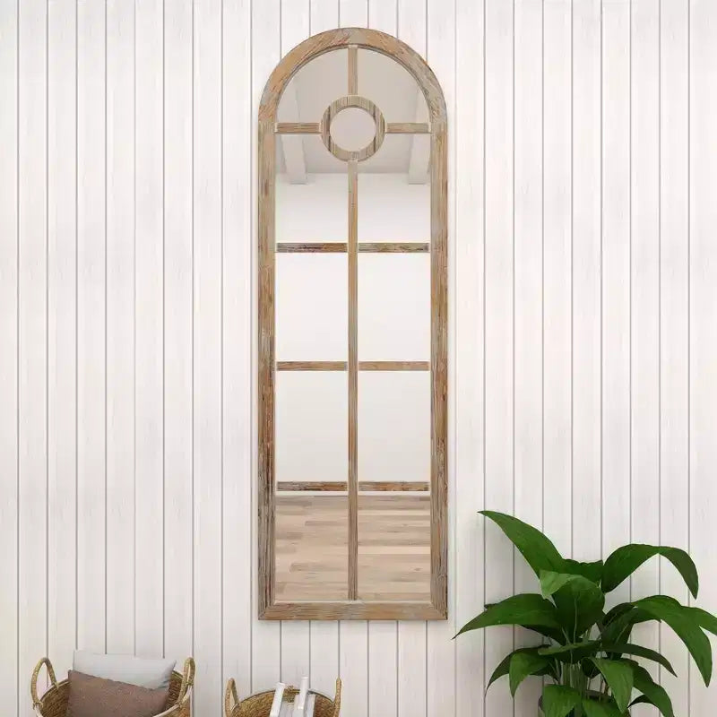 Olivia & May Glass Window Pane Inspired Wall Mirror with Arched Top Brown: Distressed Finish, Wood Frame, No Assembly Required