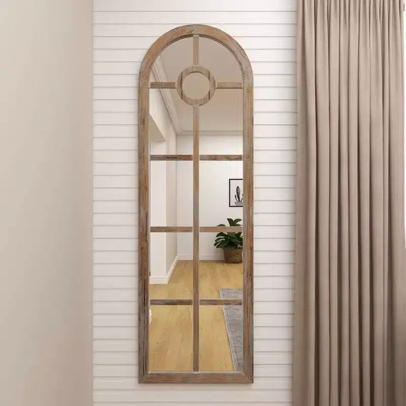 Olivia & May Glass Window Pane Inspired Wall Mirror with Arched Top Brown: Distressed Finish, Wood Frame, No Assembly Required