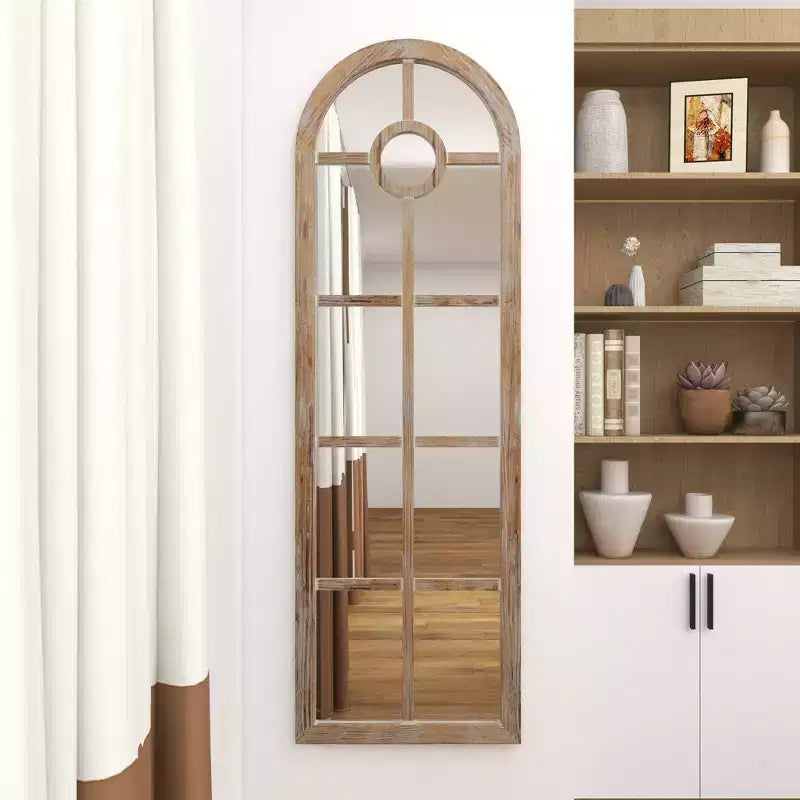 Olivia & May Glass Window Pane Inspired Wall Mirror with Arched Top Brown: Distressed Finish, Wood Frame, No Assembly Required