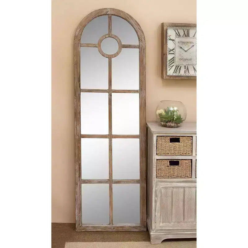 Olivia & May Glass Window Pane Inspired Wall Mirror with Arched Top Brown: Distressed Finish, Wood Frame, No Assembly Required