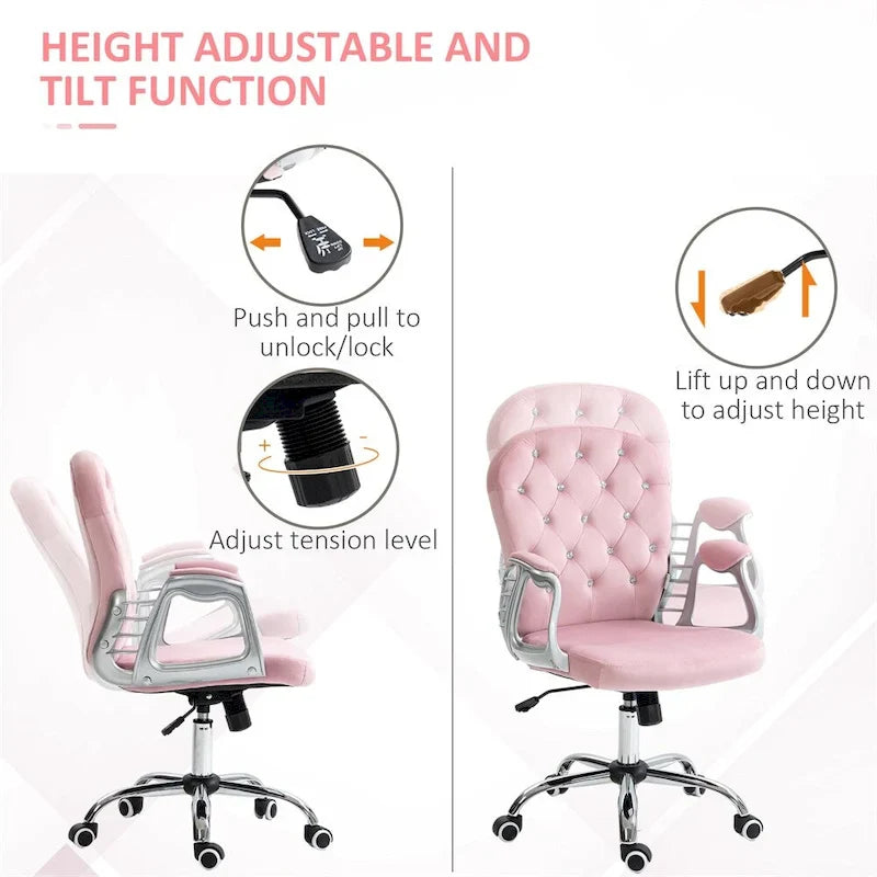 Velvet Adjustable Height Home Office Chair w/ Padded Armrests & Wheel - N/A