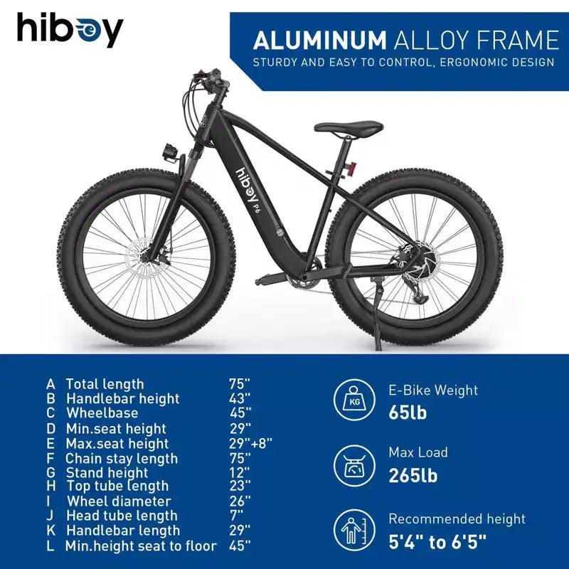 Vélo de montagne électrique Hiboy Adult P6 26" avec cadre haut - Noir