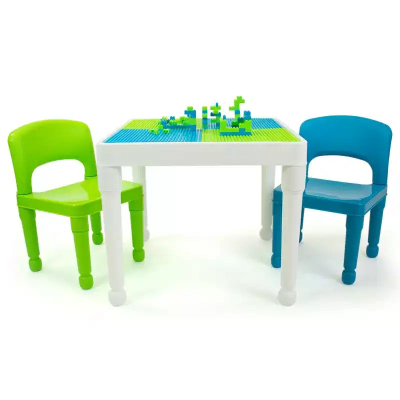 3pc Kids' 2 in 1 Square Activity Table with Chairs and 100pc Building Blocks White/Green/Blue - Humble Crew: Toddler Table Set