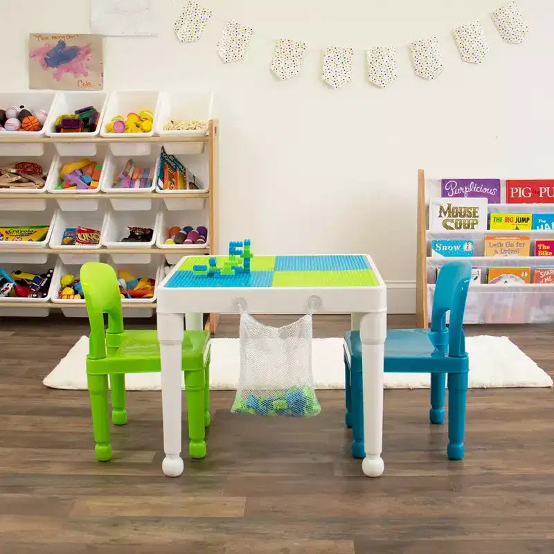 3pc Kids' 2 in 1 Square Activity Table with Chairs and 100pc Building Blocks White/Green/Blue - Humble Crew: Toddler Table Set