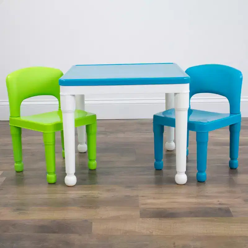 3pc Kids' 2 in 1 Square Activity Table with Chairs and 100pc Building Blocks White/Green/Blue - Humble Crew: Toddler Table Set