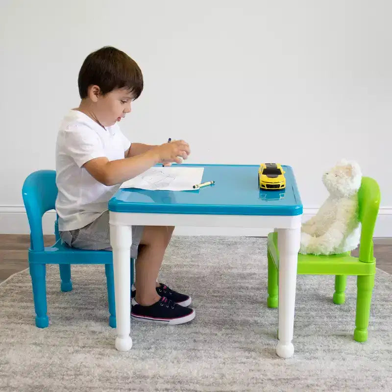 3pc Kids' 2 in 1 Square Activity Table with Chairs and 100pc Building Blocks White/Green/Blue - Humble Crew: Toddler Table Set