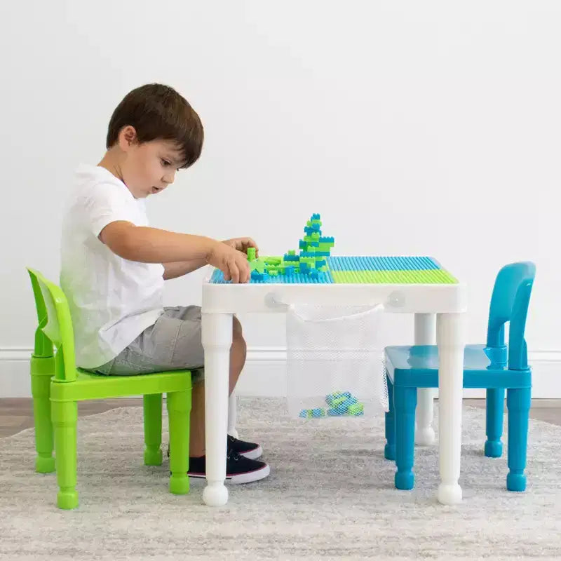3pc Kids' 2 in 1 Square Activity Table with Chairs and 100pc Building Blocks White/Green/Blue - Humble Crew: Toddler Table Set