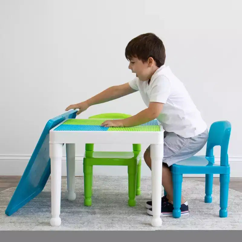 3pc Kids' 2 in 1 Square Activity Table with Chairs and 100pc Building Blocks White/Green/Blue - Humble Crew: Toddler Table Set
