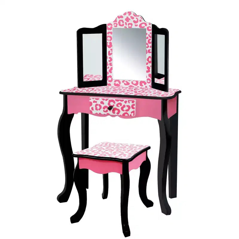Teamson Kids 2pc Leopard Prints Kids' Wooden Play Vanity Set Black/Pink: Makeup Vanity for Little Girls with Stool