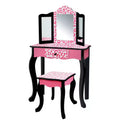 Teamson Kids 2pc Leopard Prints Kids' Wooden Play Vanity Set Black/Pink: Makeup Vanity for Little Girls with Stool