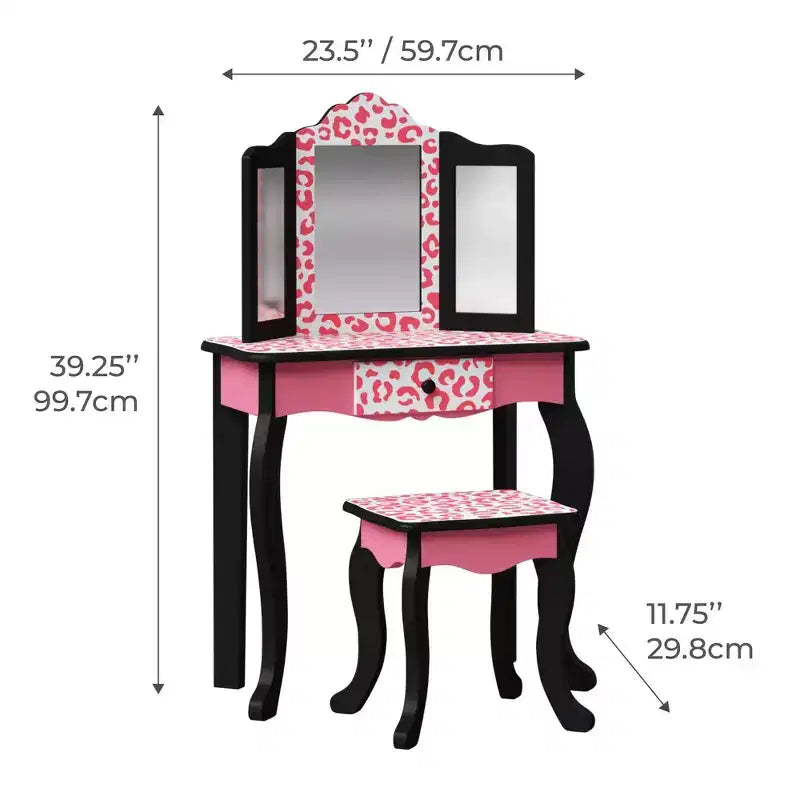 Teamson Kids 2pc Leopard Prints Kids' Wooden Play Vanity Set Black/Pink: Makeup Vanity for Little Girls with Stool