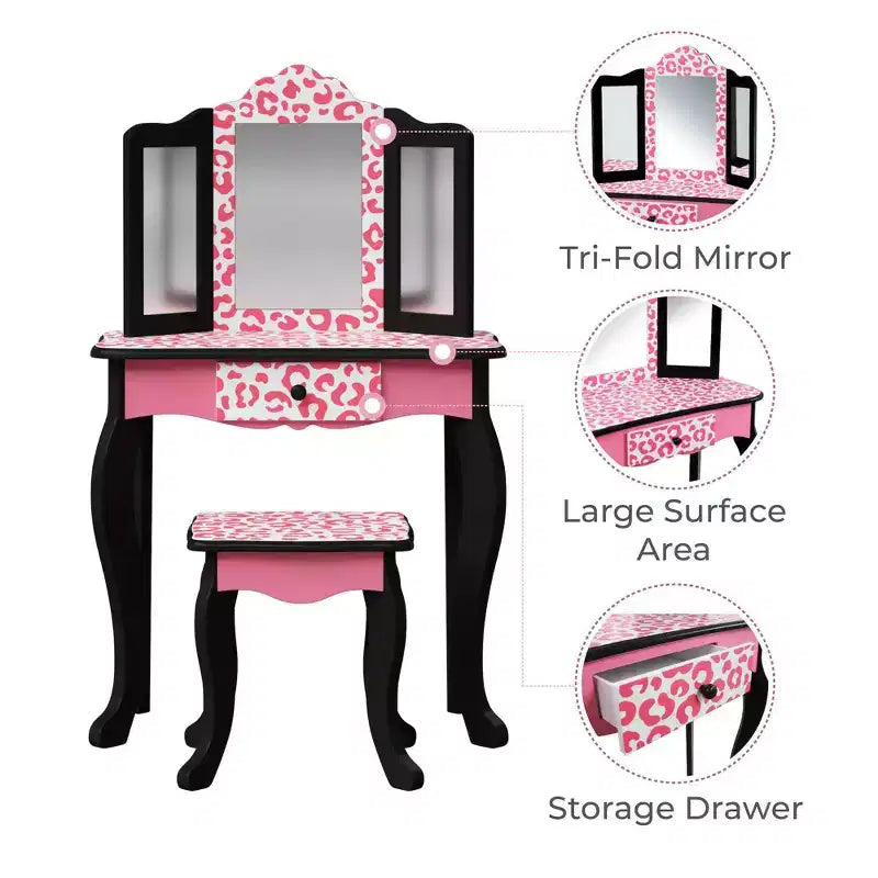 Teamson Kids 2pc Leopard Prints Kids' Wooden Play Vanity Set Black/Pink: Makeup Vanity for Little Girls with Stool