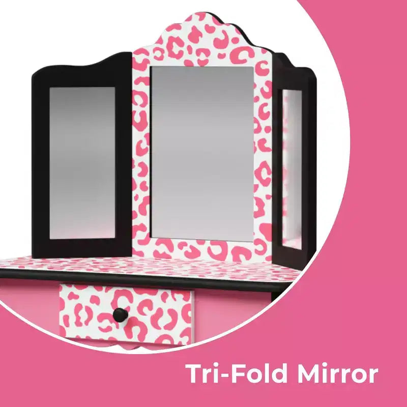 Teamson Kids 2pc Leopard Prints Kids' Wooden Play Vanity Set Black/Pink: Makeup Vanity for Little Girls with Stool