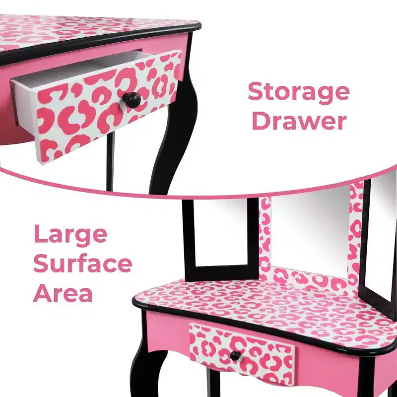 Teamson Kids 2pc Leopard Prints Kids' Wooden Play Vanity Set Black/Pink: Makeup Vanity for Little Girls with Stool