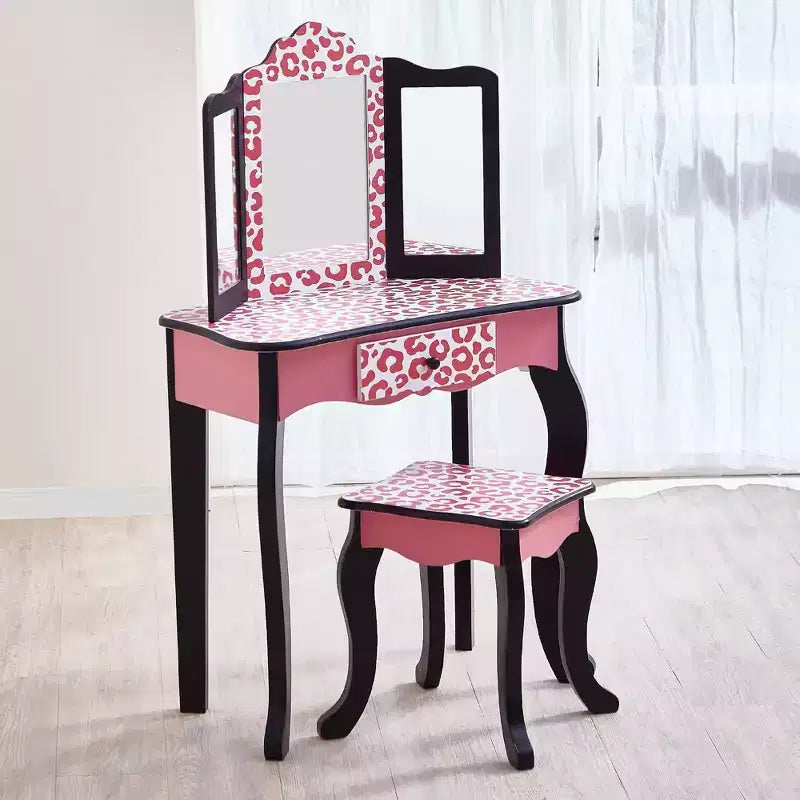 Teamson Kids 2pc Leopard Prints Kids' Wooden Play Vanity Set Black/Pink: Makeup Vanity for Little Girls with Stool