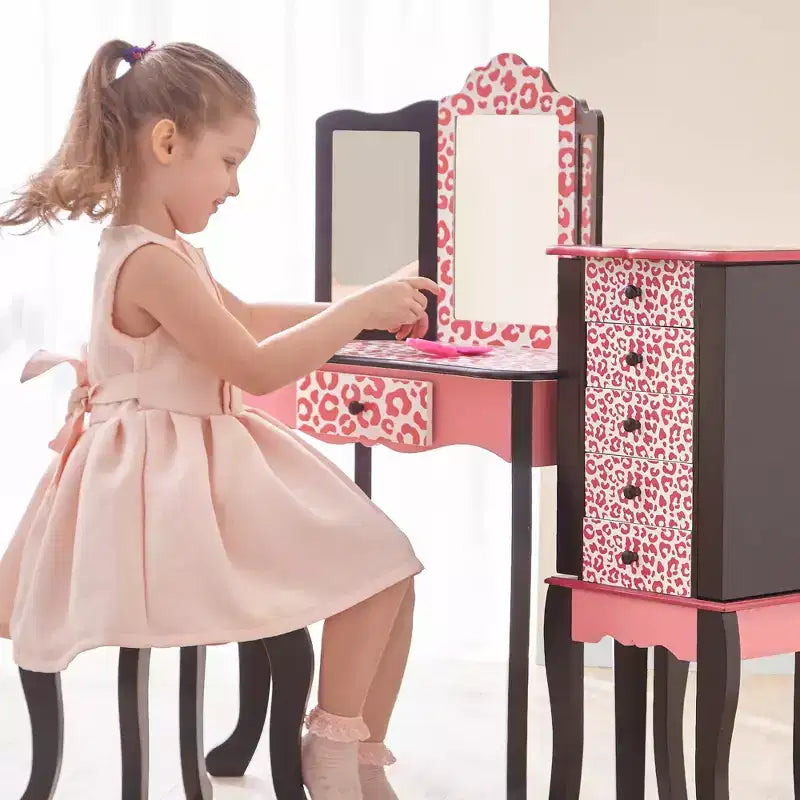 Teamson Kids 2pc Leopard Prints Kids' Wooden Play Vanity Set Black/Pink: Makeup Vanity for Little Girls with Stool