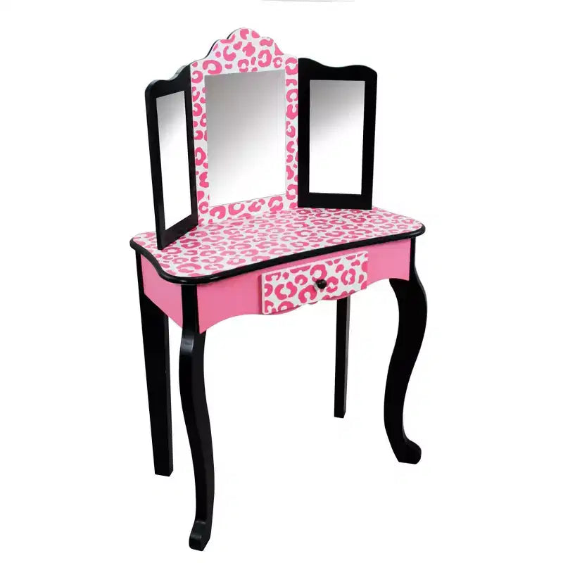 Teamson Kids 2pc Leopard Prints Kids' Wooden Play Vanity Set Black/Pink: Makeup Vanity for Little Girls with Stool