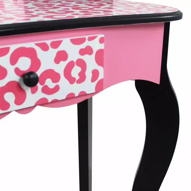 Teamson Kids 2pc Leopard Prints Kids' Wooden Play Vanity Set Black/Pink: Makeup Vanity for Little Girls with Stool