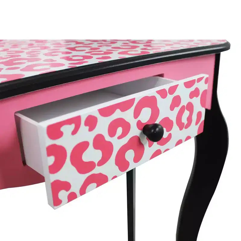 Teamson Kids 2pc Leopard Prints Kids' Wooden Play Vanity Set Black/Pink: Makeup Vanity for Little Girls with Stool