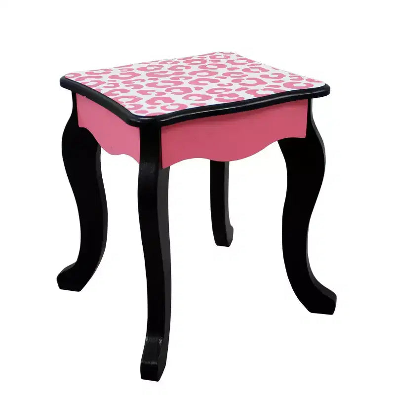 Teamson Kids 2pc Leopard Prints Kids' Wooden Play Vanity Set Black/Pink: Makeup Vanity for Little Girls with Stool