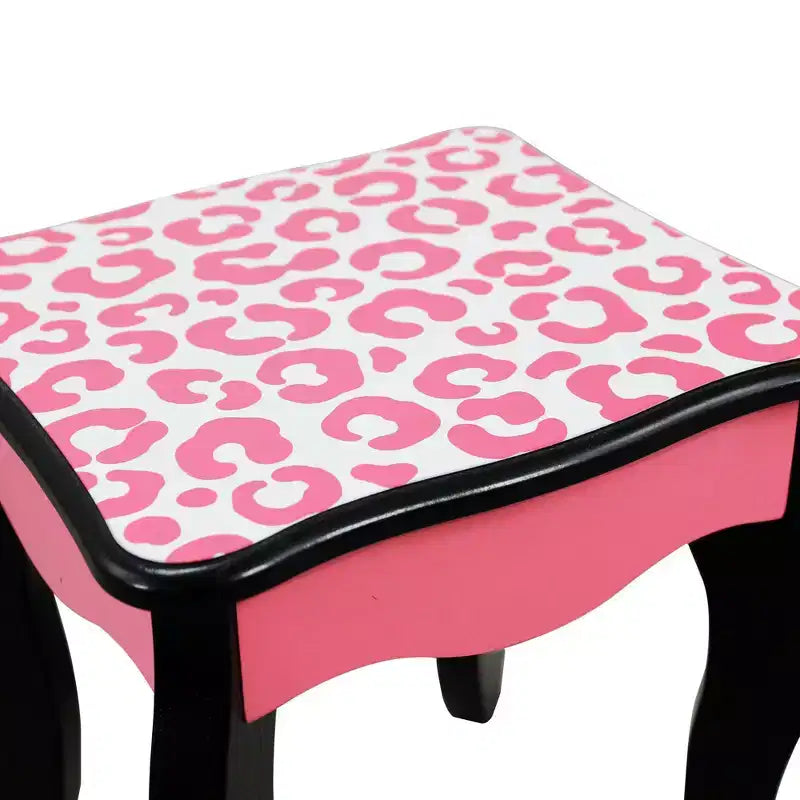 Teamson Kids 2pc Leopard Prints Kids' Wooden Play Vanity Set Black/Pink: Makeup Vanity for Little Girls with Stool