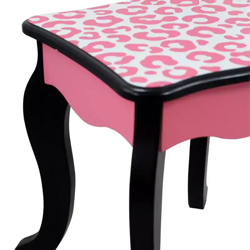 Teamson Kids 2pc Leopard Prints Kids' Wooden Play Vanity Set Black/Pink: Makeup Vanity for Little Girls with Stool