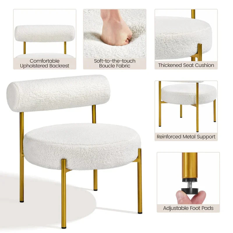 Yaheetech Boucle Gold Metal Legs Accent Chair With Round Padded Seat, White - 252326