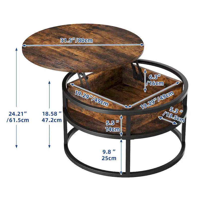 Moasis Farmhouse Lift Top Round Coffee Table with Hidden Storage and Shelf