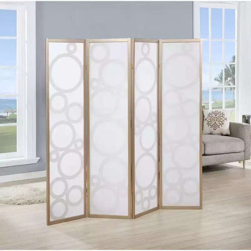 Arvada 4-Panel Wood Room Divider with Circle Pattern, Gold