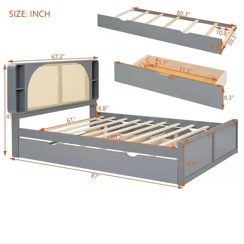 Queen Size Rattan Headboard Platform Bed with Two Drawers and Trundle - ModernLuxe