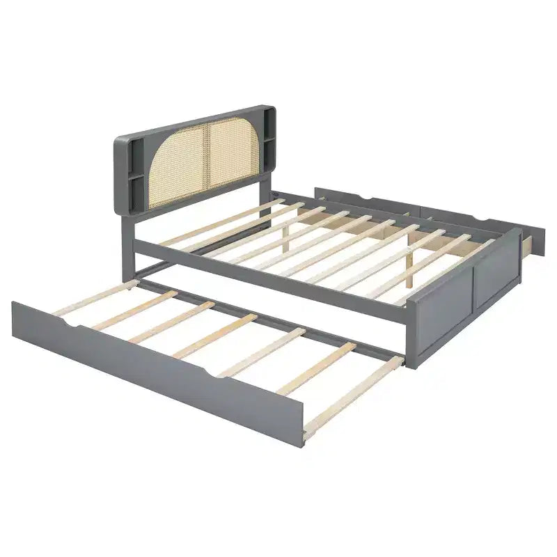 Queen Size Rattan Headboard Platform Bed with Two Drawers and Trundle - ModernLuxe