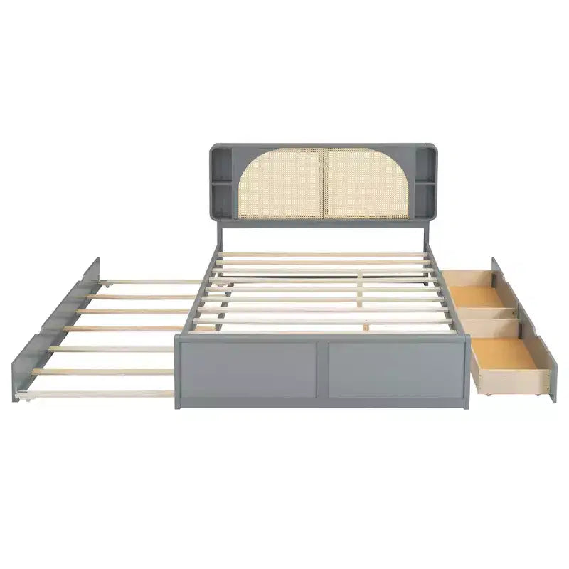 Queen Size Rattan Headboard Platform Bed with Two Drawers and Trundle - ModernLuxe