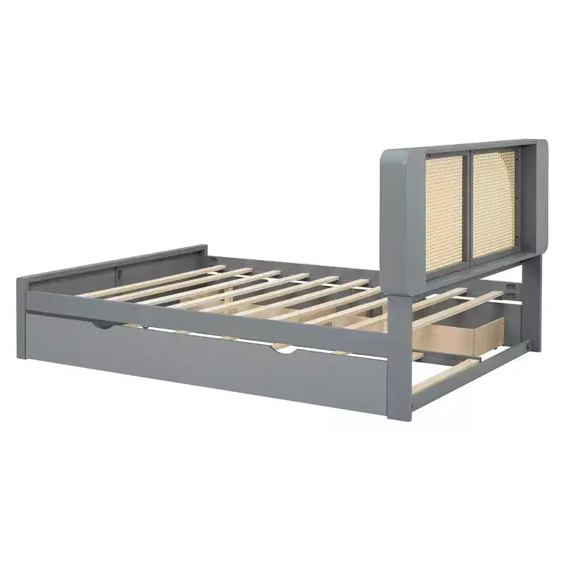 Queen Size Rattan Headboard Platform Bed with Two Drawers and Trundle - ModernLuxe